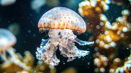 A jellyfish absorbing water, floating under the sea.