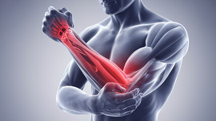 Medical illustration of male arm showing elbow pain, highlighting muscles and bones with red indicating inflammation, useful for healthcare, anatomy, or pain management resources