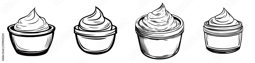 Poster vector hand draw of various dessert cups with cream in different sizes and styles on a white backgro