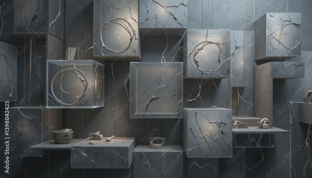 Poster artistic display of textured cubes and organic elements modern gallery photography minimalist enviro