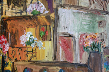 Traditional historical Mediterranean house outside nobody. Original painting oil brush strokes on canvas texture.