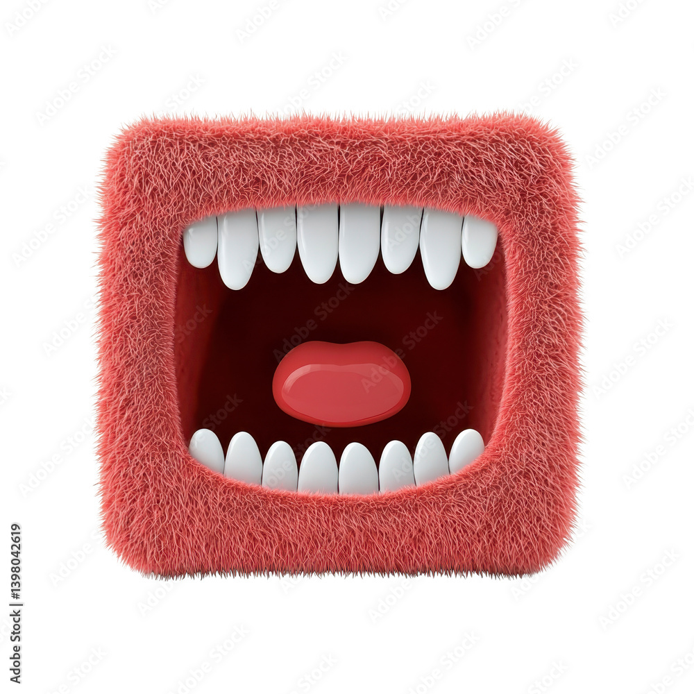 Poster surreal, furry cube with large open mouth and white teeth creates whimsical and bizarre visual. pink