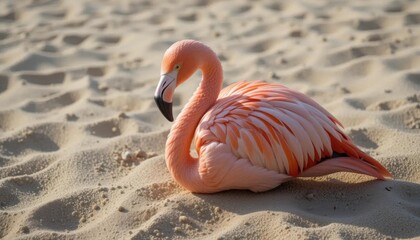 Pink Flamingo Resting on Warm Sandy Beach at Sunset