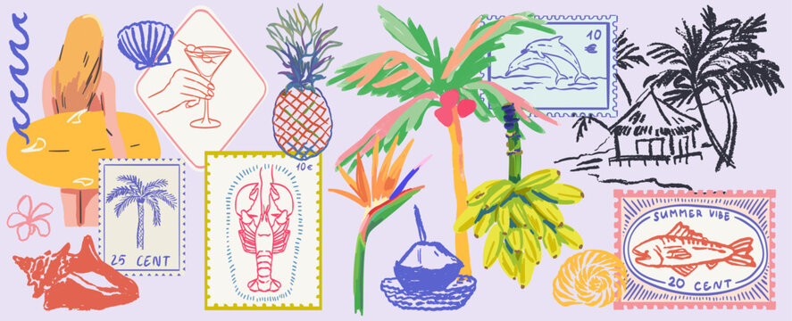 Hawaii or tropical style sea vacation hand drawn vector illustrations in mixed media collage style with doodle sketch stamp elements. Banana, palm tree vacation in marker style. Oil digital drawings.