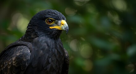 Black eagle with striking yellow beak in forest habitat