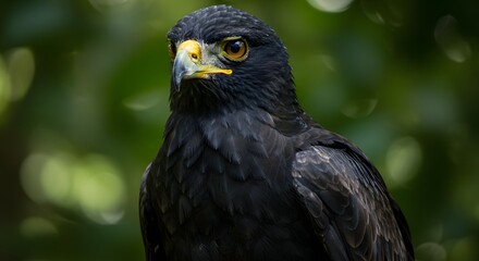 Black eagle with striking yellow beak in forest habitat