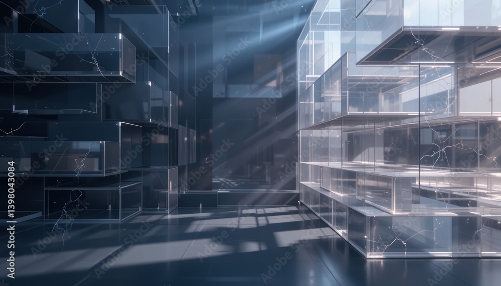 Poster dynamic light rays illuminating transparent structures in a modern architectural space digital art f