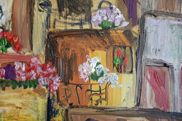 Cute little house closeup in blooming sunny town. Decorative original painting.
