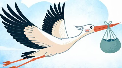 Cute illustrated stork flying with bundled delivery over blue sky and ocean background, playful birth announcement or baby arrival concept in cartoon style