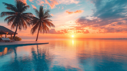 Tropical beach scene with waves and lush green leaves