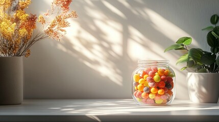 Naklejka premium Colorful round candies in a glass jar on a white wooden surface, with decorative plants and dried flowers in the background, bathed in sunlight.