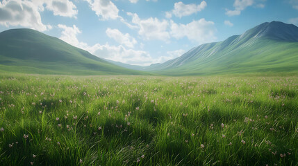Obraz premium Lush Green Meadow with Rolling Hills and Blue Sky