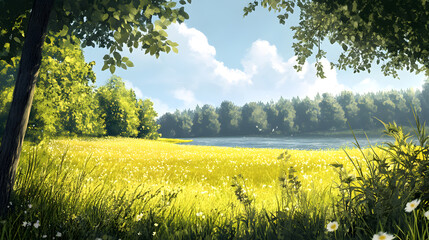 Sunny meadow by a calm lake surrounded by lush greenery and trees