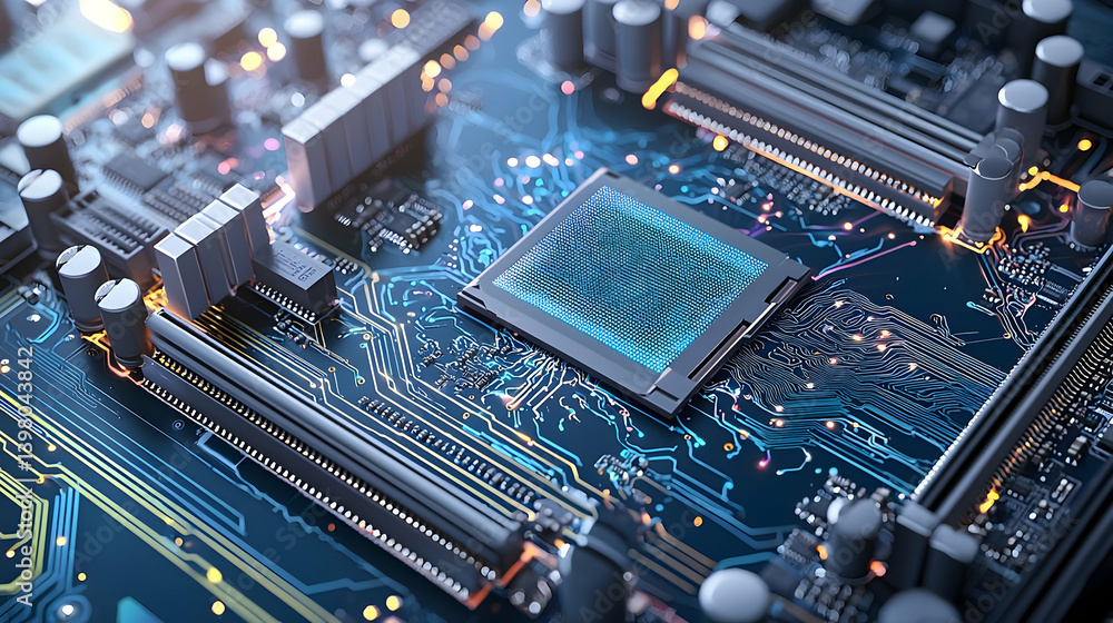 Poster close up of glowing circuit board with computer chip