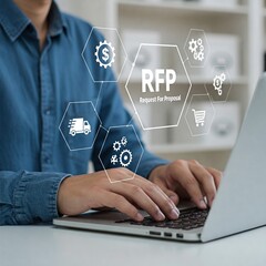 RFP, Request for Proposal Business Concept. Businessman working on laptop with icon representing Request for Proposal (RFP) process, including procurement, bidding, contract management, and logistics.