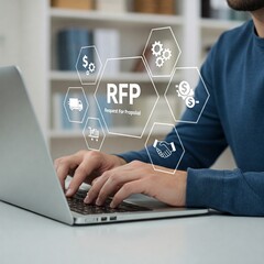 RFP, Request for Proposal Business Concept. Businessman working on laptop with icon representing Request for Proposal (RFP) process, including procurement, bidding, contract management, and logistics.