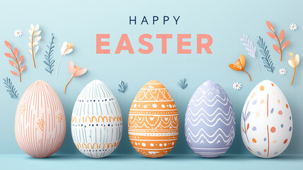 Pastel Easter egg frame with "Happy Easter" text and decorated eggs