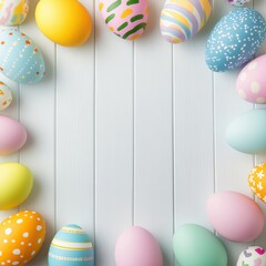 A circle of colorful eggs on a white wooden background, celebrating Easter joy and tradition.