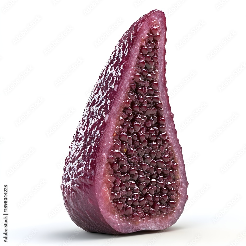 Poster Close-up image of a single fig slice, showcasing its deep purple color and numerous seeds. The fig appears fresh and juicy. A Close-Up of a Juicy, Ripe Fig Slice,