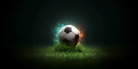 Fototapeta premium Soccer ball surrounded by colorful sparks on a grass field during nighttime
