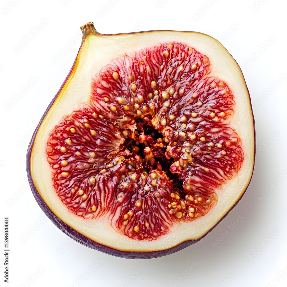 Poster a close-up shot of a halved fig showcases its vibrant red interior and intricate seed pattern. the i