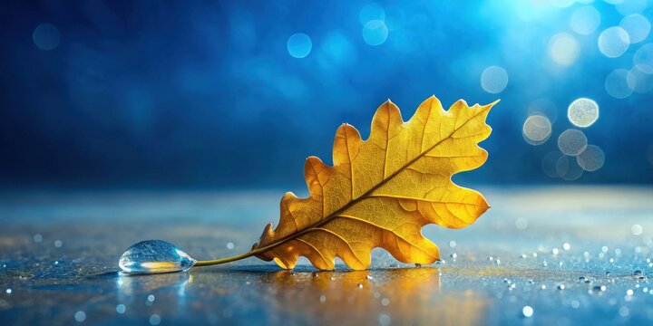 Golden autumn leaf and glistening droplet on reflective surface, bathed in soft blue light