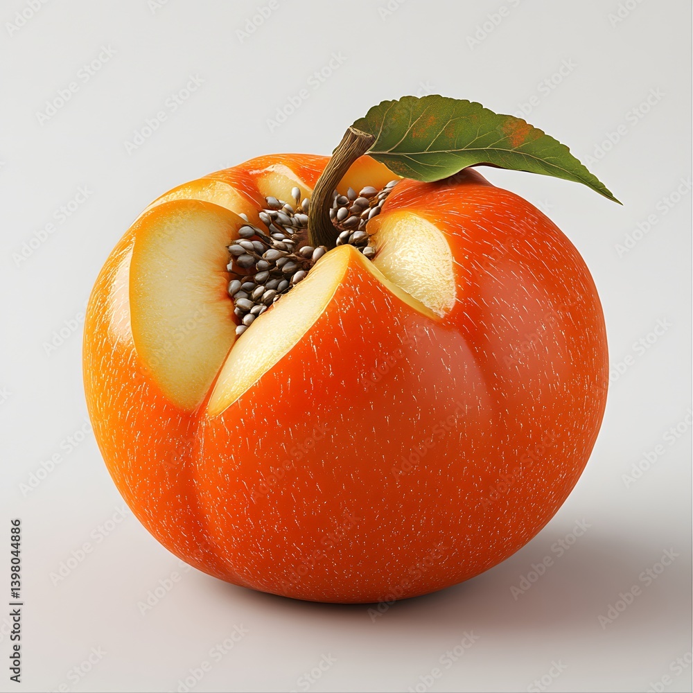 Poster close-up of a creatively cut orange fruit, showcasing its seeds and vibrant color. a studio shot wit