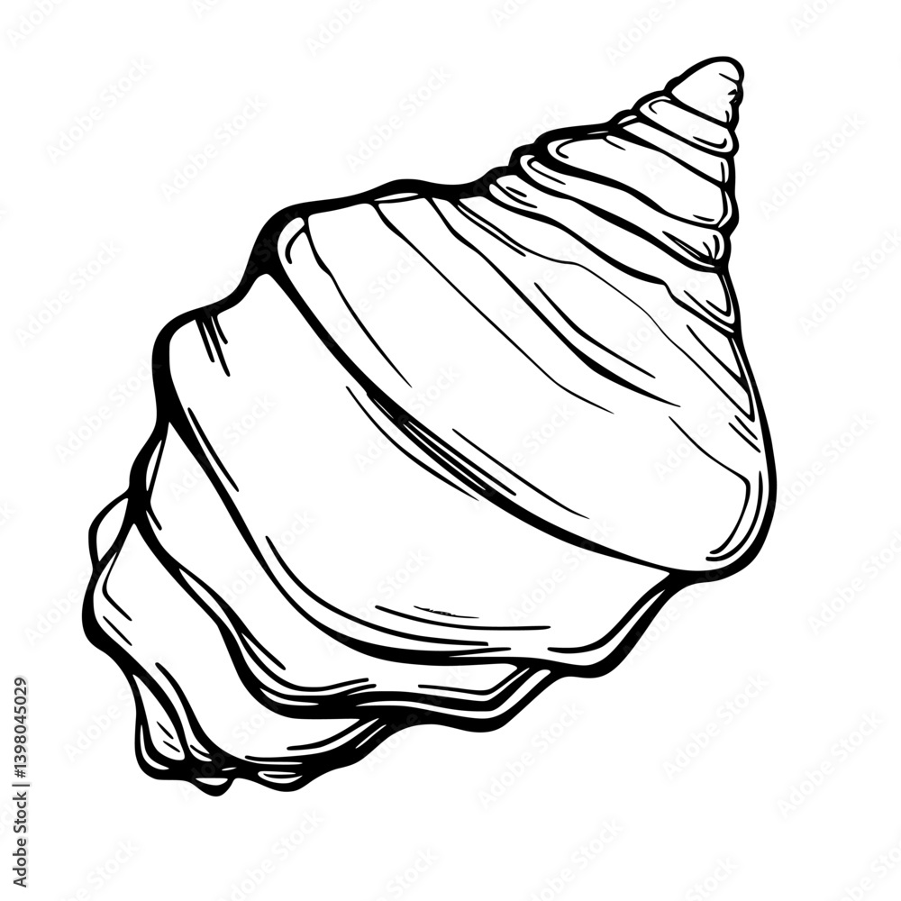 Poster detailed vector hand drawing of a shell showcasing intricate spiral lines and textures, ideal for ma