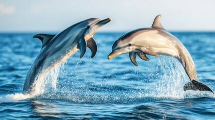 Fototapeta premium Two dolphins leaping out of the water in the ocean.