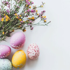 Fototapeta premium Colorful painted eggs and fresh flowers arranged on a white surface for Easter celebrations.