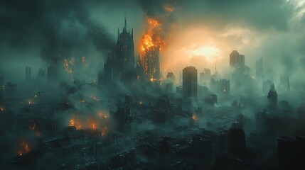 Destroyed City Skyline Collapse War Smoke Dark Ruins Fallout Crisis Visual Photo