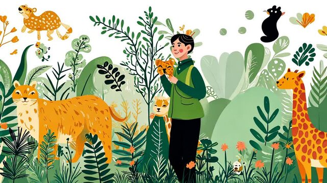Fun Cartoon Zoo Keeper with Animals in a Colorful Nature Landscape for Kids Educational Illustration
