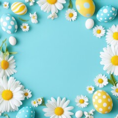 Fototapeta premium Colorful eggs and daisies adorn a vibrant blue background, celebrating the spirit of Easter.
