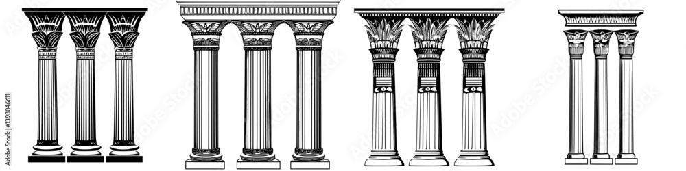 Poster vector hand-drawn illustrations of classical columns showcasing architectural styles from ancient cu