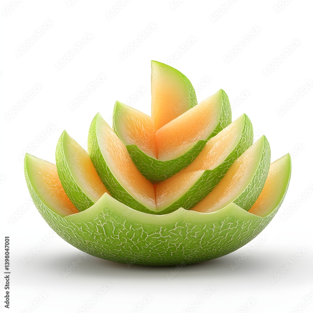 Poster a vibrant image showcasing a creatively arranged honeydew melon, cut into appealing slices, against 