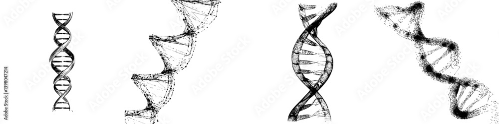 Poster vector hand-drawn representation of multiple dna strands showcasing different styles and designs