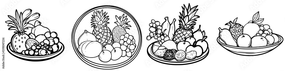 Poster vector hand-drawn illustrations of assorted fruits in bowls on a simple background capturing the bea