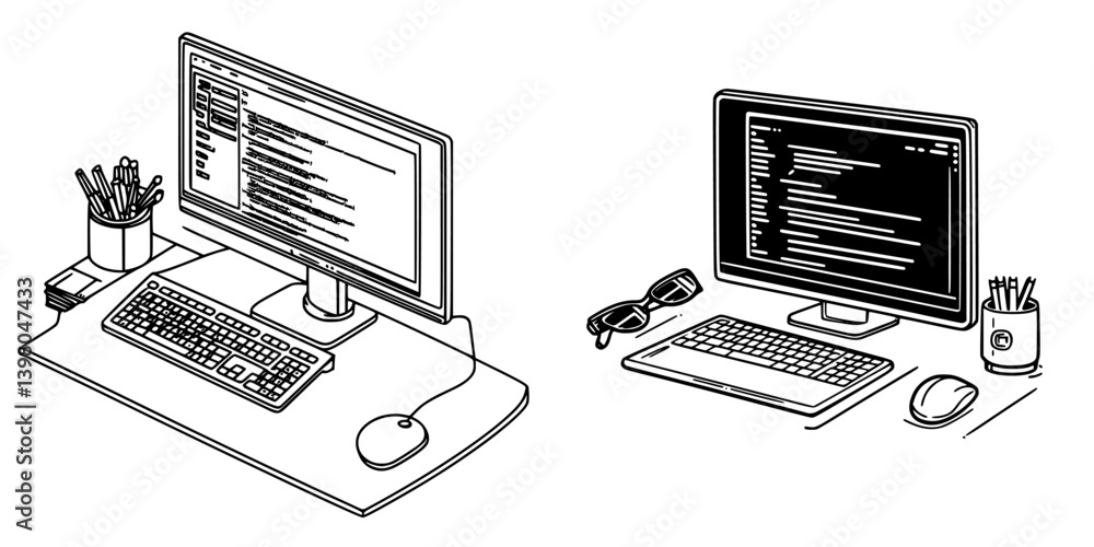 Poster vector hand draw of two computer setups showing coding environments with accessories on a workspace