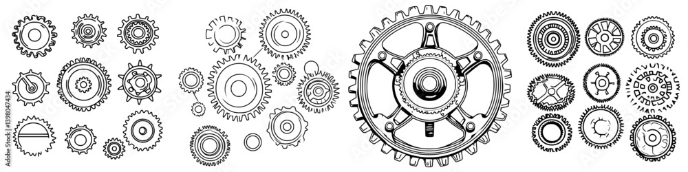 Aufkleber detailed vector hand-drawn collection of gears and cogs in various sizes showcasing mechanical desig