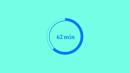 62 minutes, digital countdown timer royal blue color 4k illustration. Light gray background 4k illustration.