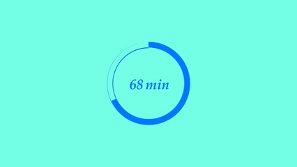 68 minutes, digital countdown timer royal blue color 4k illustration. Light gray background 4k illustration.