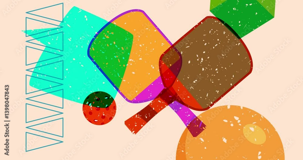 Poster risograph pickleball racket and ball with speech bubble and geometric shapes animation. moving objec