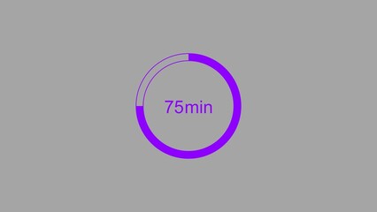 75 minutes, digital countdown timer purple color 4k illustration. Light gray background 4k illustration.
