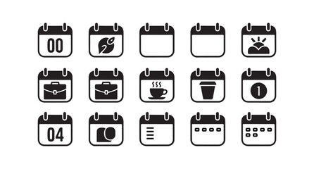 Set of Black and White Calendar Icons with Various Activities