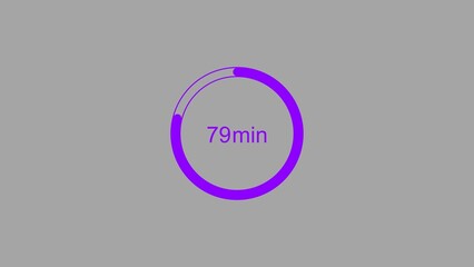 79 minutes, digital countdown timer purple color 4k illustration. Light gray background 4k illustration.