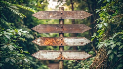 Rustic Wooden Signpost in Lush Foliage, Indicating Multiple Directions and Pathways Through Untamed Nature