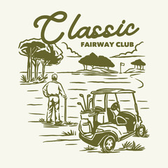 A vintage illustration showing a golfer preparing on a scenic golf course with a visible golf cart and trees. Captures a peaceful moment on a fairway in classic style.