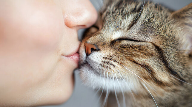 Close-up of a woman kissing a content tabby cat on the nose, capturing a tender moment of love and affection. Diseases transmitted from animals to humans, danger of infection with worms and protozoa.