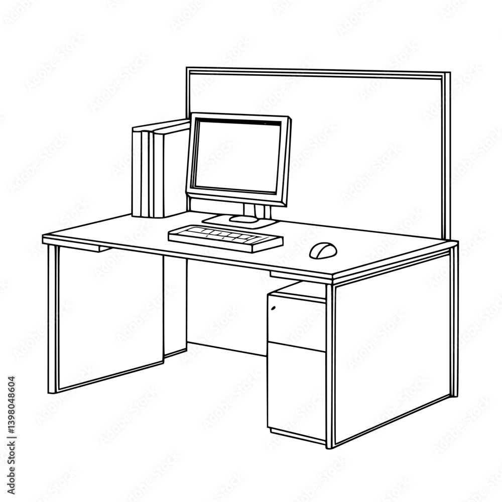 Aufkleber vector hand draw of a modern office desk setup with computer and storage cabinets in a minimalist wo