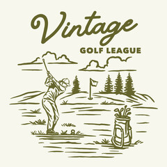 A vintage-style illustration featuring a golfer mid-swing on a scenic golf course